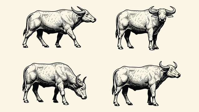 Vintage Engraving Style Water Buffalo Set. Hand-drawn illustrations of domestic bovines in various poses.