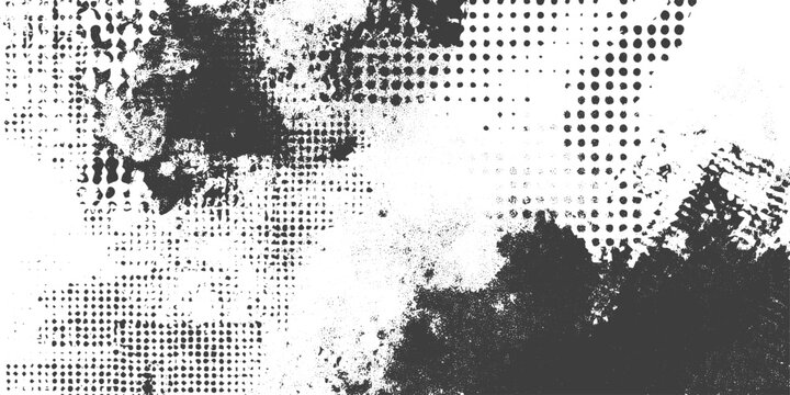 Abstract Grunge Vector Background with Halftone Dots and Ink Splatter Texture in Black and White
