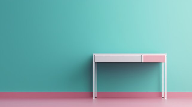 Monday weekday concept, Minimalistic Desk Against Bright Turquoise Wall with Pink Trim
