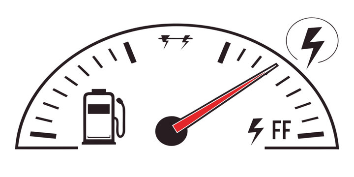 Electric vehicle dashboard meter indicating full charge status with black and white energy efficiency battery life power level electric car dashboard electric indicator speedometer technology