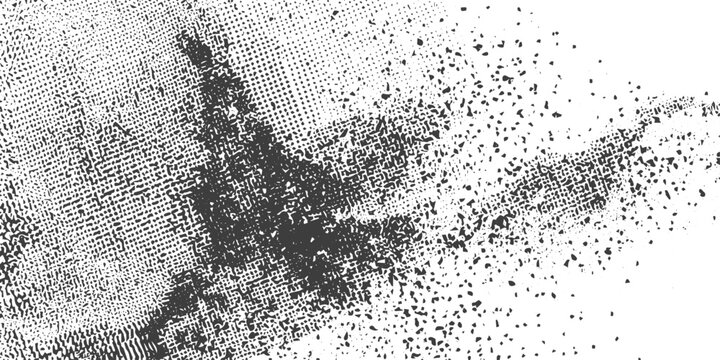 Black and White Distressed Halftone Wave with Exploding Particle Effect Vector Background
