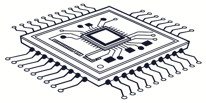 Detailed isometric line art vector illustration of a computer microchip showing internal circuit traces and external connection pins for tech development with microchip computer technology hardware