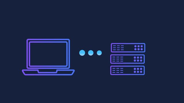 Motion graphics of a laptop icon connecting to a stack of data servers with pulsing loading dots. Concept of cloud computing, data transfer, and network connectivity on a dark blue background.