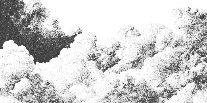 Black and White Stippled Clouds Vector Illustration with Vintage Engraving Texture and Halftone Effect