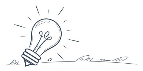 Simple hand drawn sketch of a glowing light bulb on the ground symbolizing a new idea inspiration and creative thinking with inspiration creativity thinking innovation brightness electricity © AF