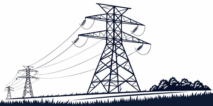 High voltage transmission towers and power lines in a rural landscape illustration with electricity transmission electric distribution industrial infrastructure generation overhead landscape