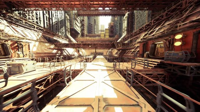Industrial area peaceful lighting. Soft morning light illuminating service pathways through bustling industrial environment with scaffolding and hoses