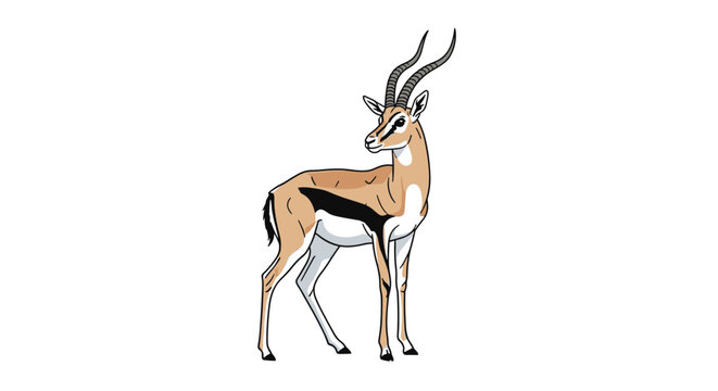 Elegant gazelle stands alert with long curved horns and distinctive coat markings, shown in a clean profile illustration against a background.