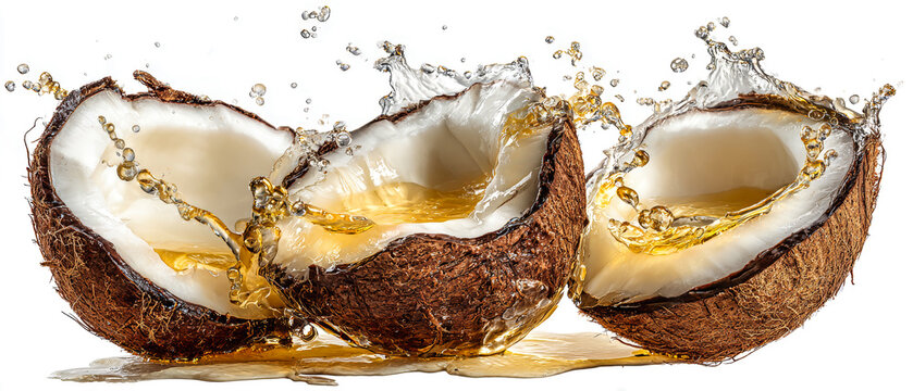 Coconut halves sit on a white surface with splashes of sunflower oil around them. The setting highlights the texture and shine of the coconuts and oil