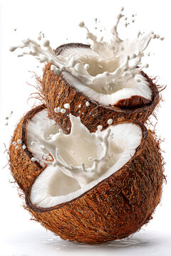 Coconut breaks open to reveal its white flesh as coconut milk splashes out, captured with studio lighting and a clean background for clarity