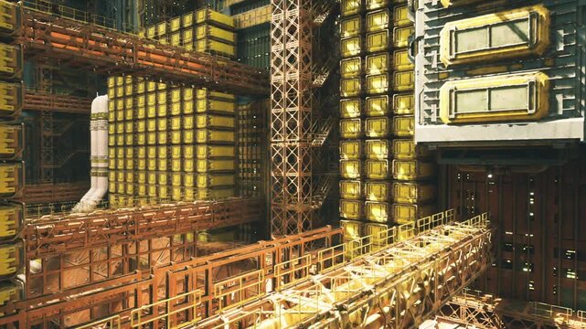 Control core of amber refinery dominated by dense pipework and ornate panels instruments, gauges and cable bundles suggest monitoring hub, atmosphere tense,