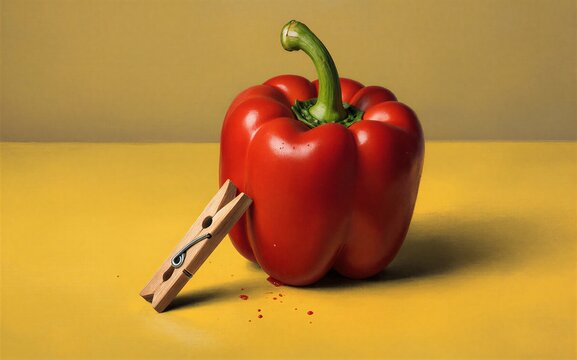 Red pepper with clothespin yellow background minimalist still life