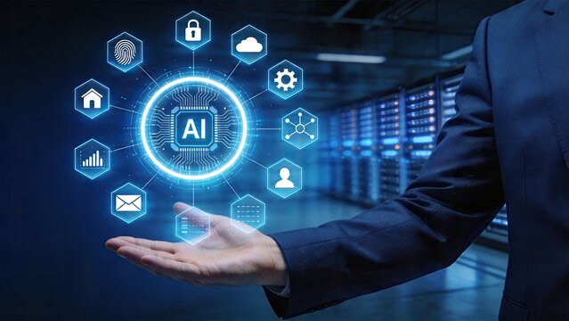 Businessman holding hologram artificial intelligence chip in hand with cloud computing security automation and big data icons connected in digital network background concept of