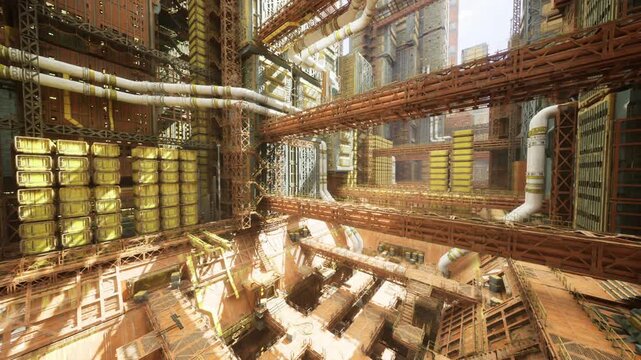goldenhour industrial expanse with scaffolds and stacked vessels, contemplative mood, long angled light highlighting textures and networks, evokes urban