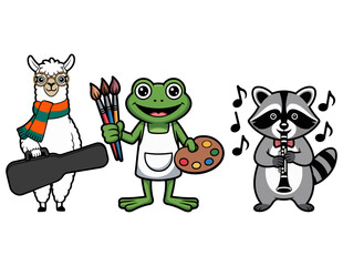 Obraz premium Cute llama musician, frog artist, and raccoon clarinet player cartoon characters set