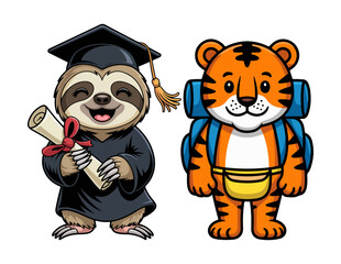 Fototapeta premium Cute sloth graduate and tiger student cartoon characters set