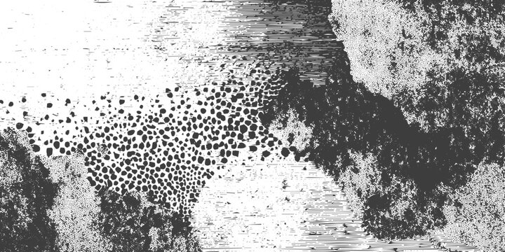 Abstract Black and White Grunge Texture Background with Halftone Dots and Crosshatch Patterns for Vintage Graphic Design
