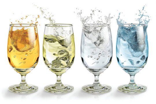 Four glasses are filled with various drinks. Ice cubes are causing splashes and bubbles in each drink, showing a fun moment at a gathering or party