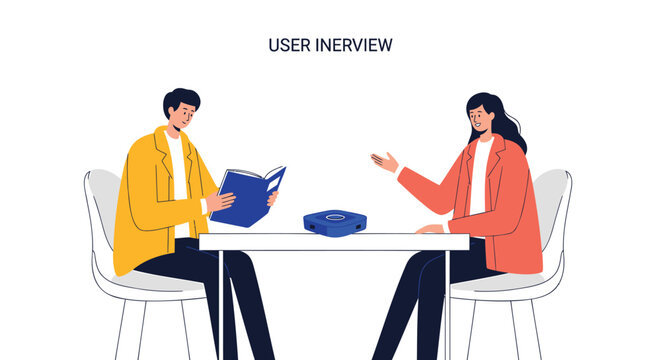 Business meeting, user interview, people talking, office conversation, vector illustration