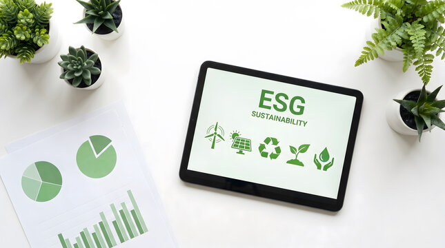 Digital Tablet Displaying ESG Sustainability Icons on White Desk with Green Plants and Business Charts, Environmental Social Governance Concept