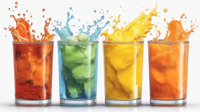 Four glasses filled with bright drinks splash ice and liquid as they are placed on a white background during a warm day at a gathering or event
