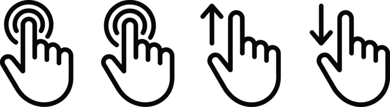 Vector icons of hand gestures illustrating tap and scroll movements on digital screens for smartphone and tablet devices.