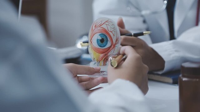Doctors discuss eye health using an anatomical eye model during a medical consultation, reviewing documents and explaining details on a desk.