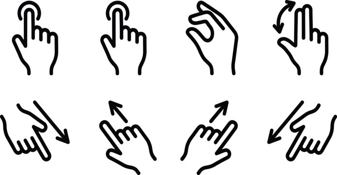 Graphic set of hand gesture icons showing multi finger pinch zoom and drag operations for modern touch screen interfaces.