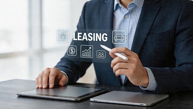 Businessman interacting with holographic leasing interface displaying real estate and automobile icons digital tablet technology financial planning modern corporate office