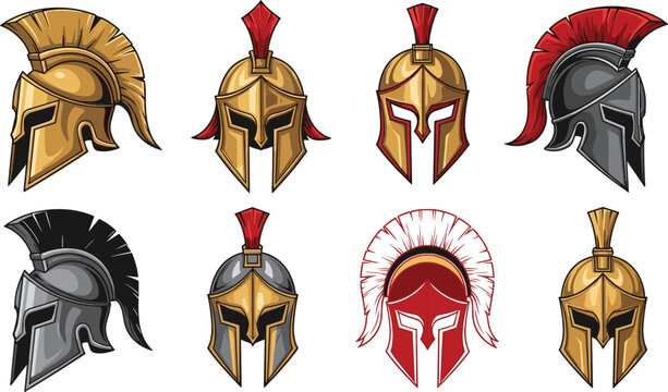 Ancient Warrior Helmet Set with Spartan, Roman, and Greek Armor Designs for History Illustration, Military Symbols, Gladiator Icons, and Vintage Battle Collection
