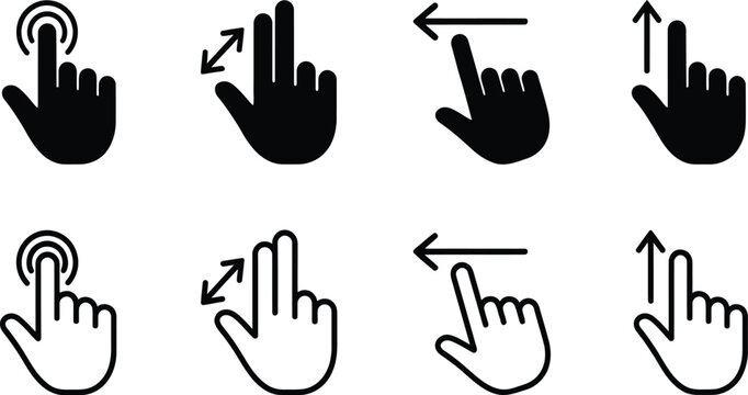 Black and line style hand gesture icons for tapping and scrolling actions on mobile phone and tablet digital interfaces.