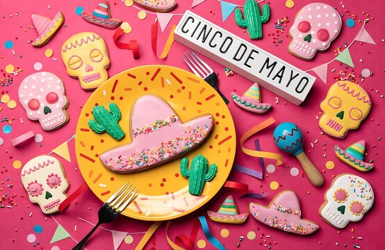 Colorful Cinco de Mayo Sugar Skull and Sombrero Cookies on Festive Pink Party Background