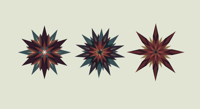 Geometric star-shaped ornaments or star anise spice illustrations in warm earthy tones of brown and red on a neutral background for decorations.