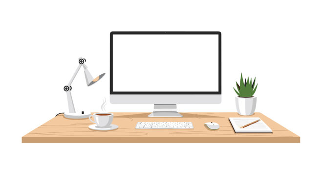 A modern workspace desk setup featuring a blank desktop computer monitor with a lamp and coffee cup arranged on a light wooden surface against white.