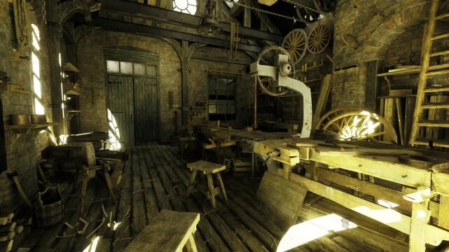 golden lit clockmaker studio with brass gears and small lathe, delicate parts laid on bench, magnifier and lens nearby, careful polishing and heritage repair