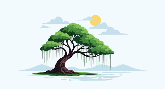 Vibrant pixel art scene features a large banyan tree by a lake under a bright yellow sun with mountains in the distance.