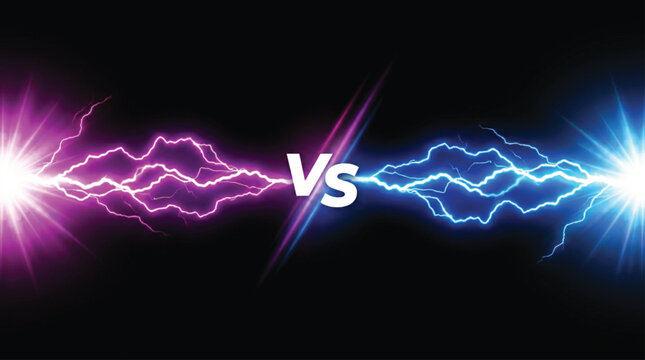 Epic vs battle graphic with pink and blue neon lightning bolts clashing on a black background for competitive gaming and sports design elements.