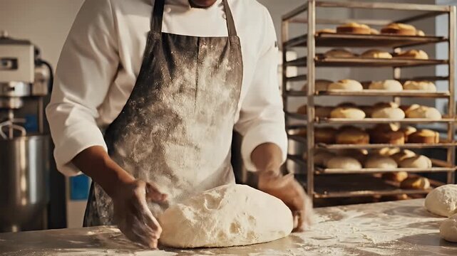 A baker skillfully kneads dough on a floured surface in a professional bakery setting, surrounded by freshly baked bread on a rack.