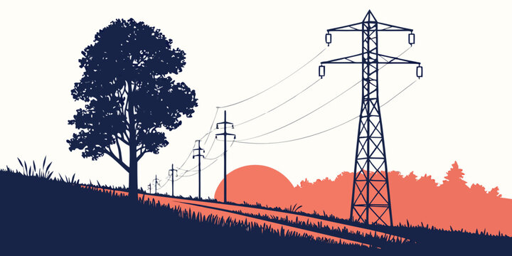 High voltage electrical power transmission line towers across rolling landscape at sunset with electricity transmission landscape infrastructure electric silhouette distribution industry