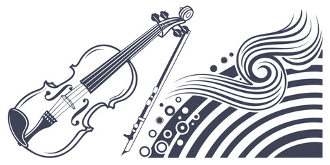 Classical violin with bow and abstract musical waves vector graphic illustration instrument classical illustration abstract graphics orchestral performance acoustic artistic composition © AG