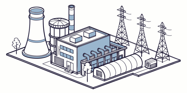 Isometric illustration of power plant facility with cooling tower and electricity transmission pylons electricity industry isometric infrastructure transmission electrical production building