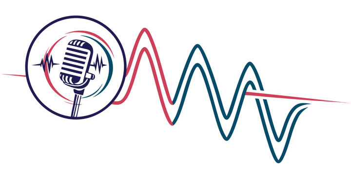 Vintage microphone inside a circle with sound wave graphic microphone recording broadcast performance communication illustration frequency vibration acoustic technology equipment audience