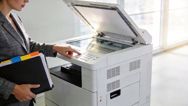 Businesswoman using office photocopier machine to scan documents copy paper files working in modern corporate environment with bright windows