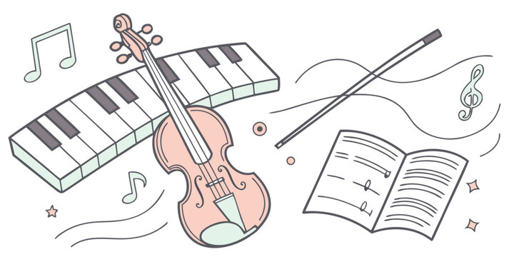 Violin keyboard and music sheet musical concept illustration with keyboard instruments classical illustration performance creative composition orchestra learning education practice cultural