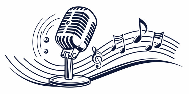 Retro microphone with musical notes graphic microphone recording broadcast performance entertainment isolated monochrome broadcasting streaming amplification equipment notation instrument