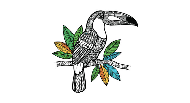 Artistic zentangle style illustration of a toucan bird perched on a tree branch surrounded by colorful tropical leaves.