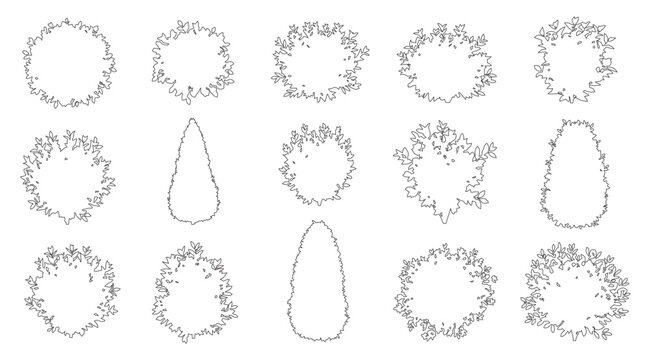 Outline CAD Trees and Shrubs Top View Drawing, Set of Various Trees and Bush Plan View Graphic Elements, Outline Symbol for Architecture and Landscape Design. Vector Illustration. Garden Forest Sectio