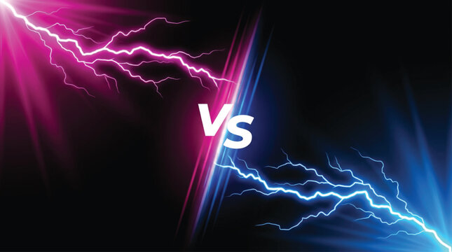 Bold vs battle graphic with pink and blue neon lightning energy bolts clashing on a black background for competitive gaming and sports design elements.