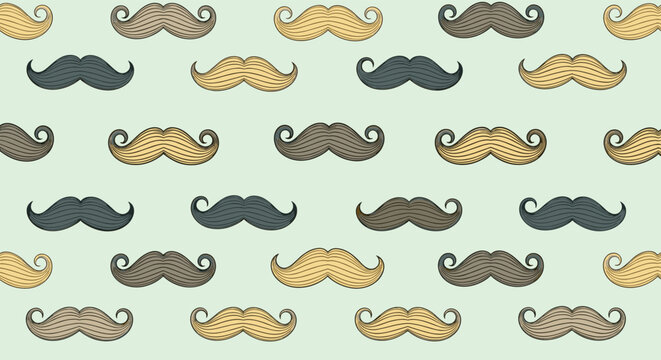 Stylish repeat pattern of various mustache styles in different colors and shapes on a light green background.