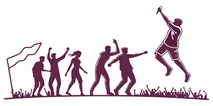 Concert crowd silhouette cheering for lead singer performing live on stage with flag silhouette performance festival audience cheering enthusiastic celebration energetic vocalist background
